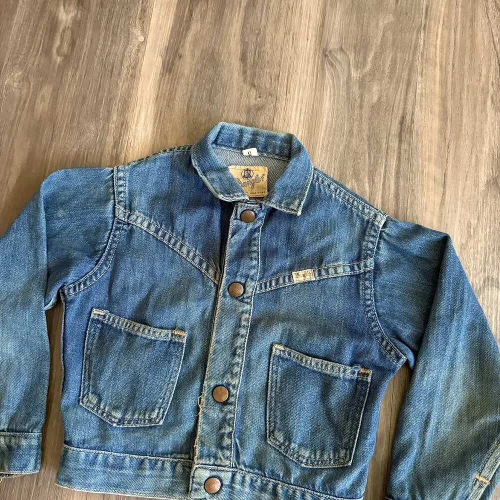 Vintage Wrangler Blue Bell Denim Jean Jacket Sanforized Kids Size 5 USA 1960s